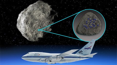 Ilustração de um asteroide e a detecção de moléculas de água pelo SOFIA