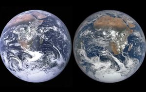 A icônica Blue Marble ao lado de uma fotografia tirada 50 anos depois