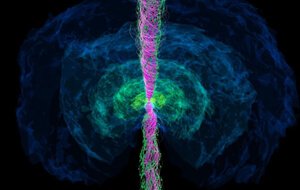 Quadro estático da simulação, aproximadamente 1,3 segundo após a fusão das estrelas de nêutrons