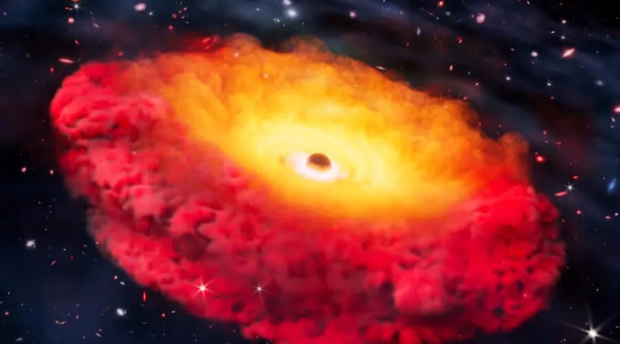 Concepção artística de CAPERS-LRD-z9, onde se localiza o buraco negro mais antigo confirmado