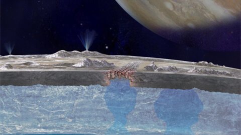 NASA dá passo decisivo para mergulhar no oceano congelado da lua de Júpiter Concepção artística dos oceanos sob a lua Europa