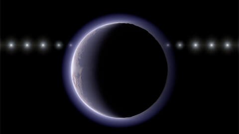 Arte da passagem de uma estrela atrás de um objeto transnetuniano com atmosfera