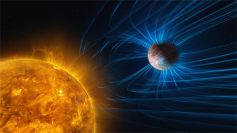 Concepção artística de um exoplaneta com campo magnético