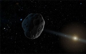 Arte do asteroide 1998 SH2 como um cometa comum com cauda e cabeleira