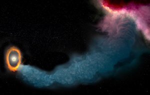 Arte do fluxo de gás que alimenta o disco protoplanetário de GW Orionis