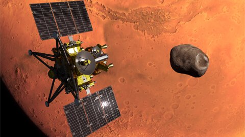 Arte da aproximação da sonda MMX à lua de Marte